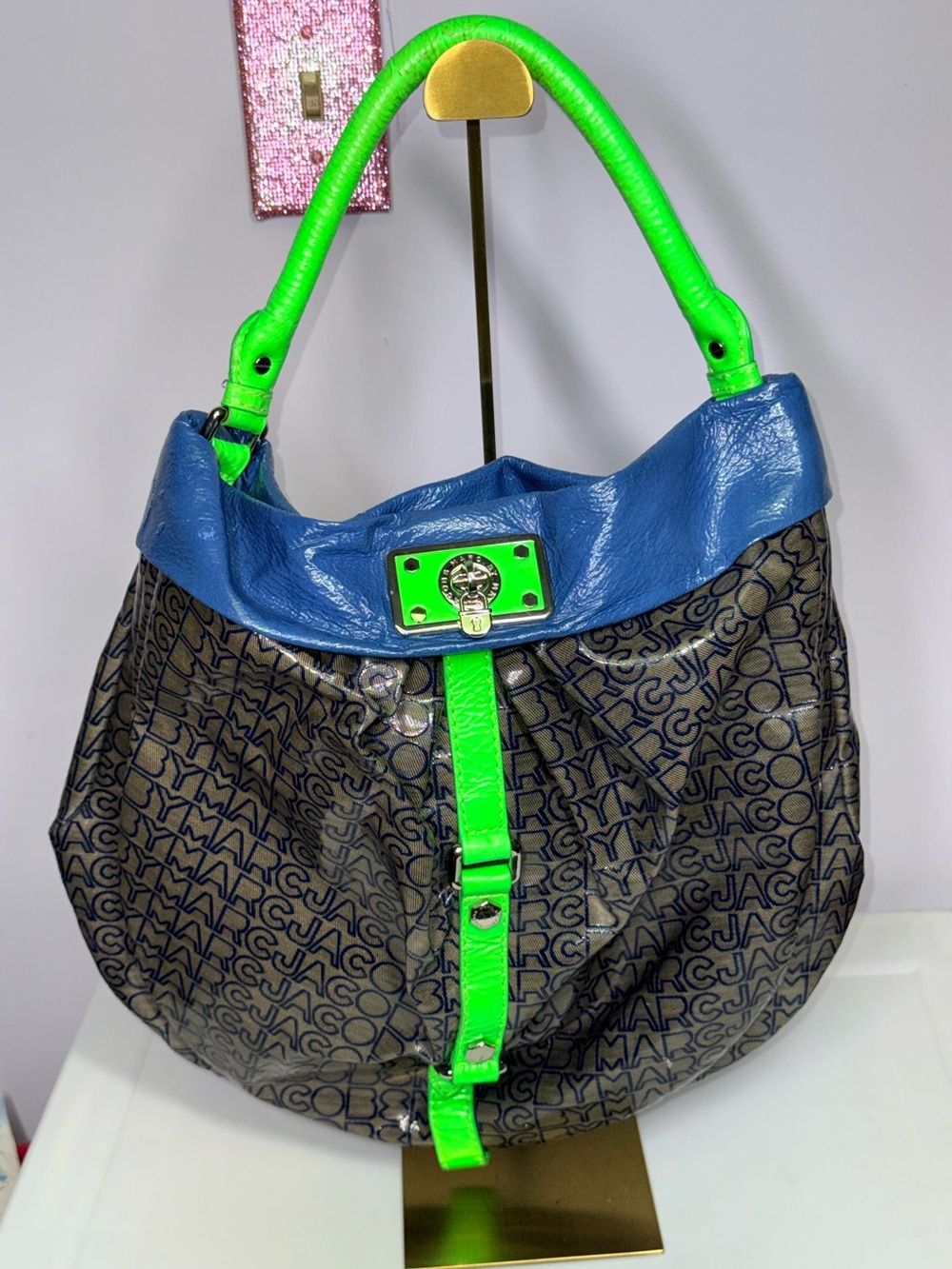 Marc by Marc Jacobs Blue & Neon Green Logo Hobo